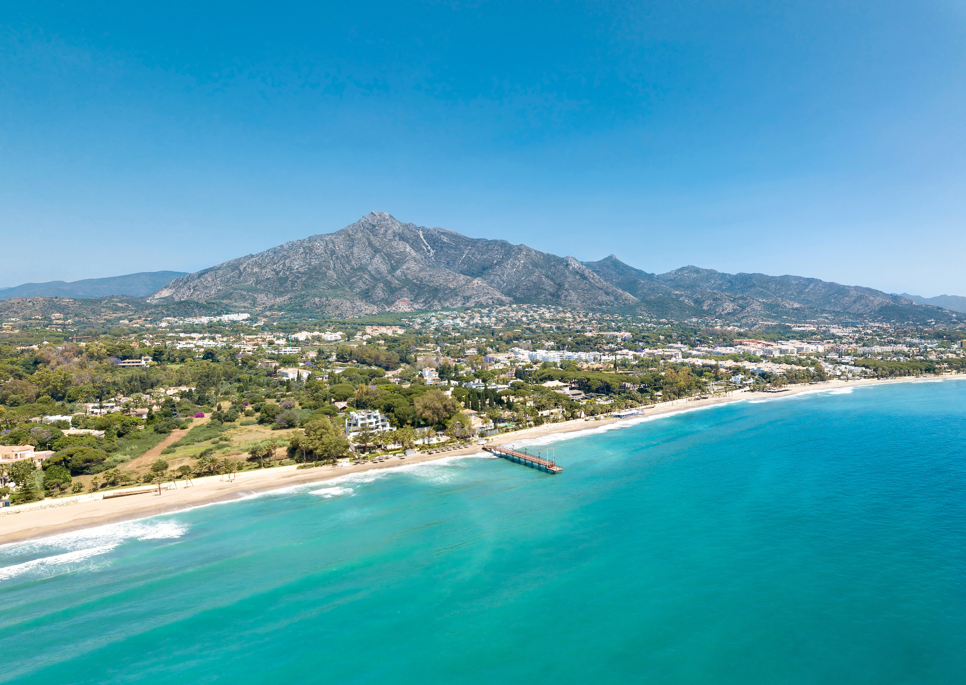 Aerial view of Marbella Golden Mile, La Concha mountain and the beach