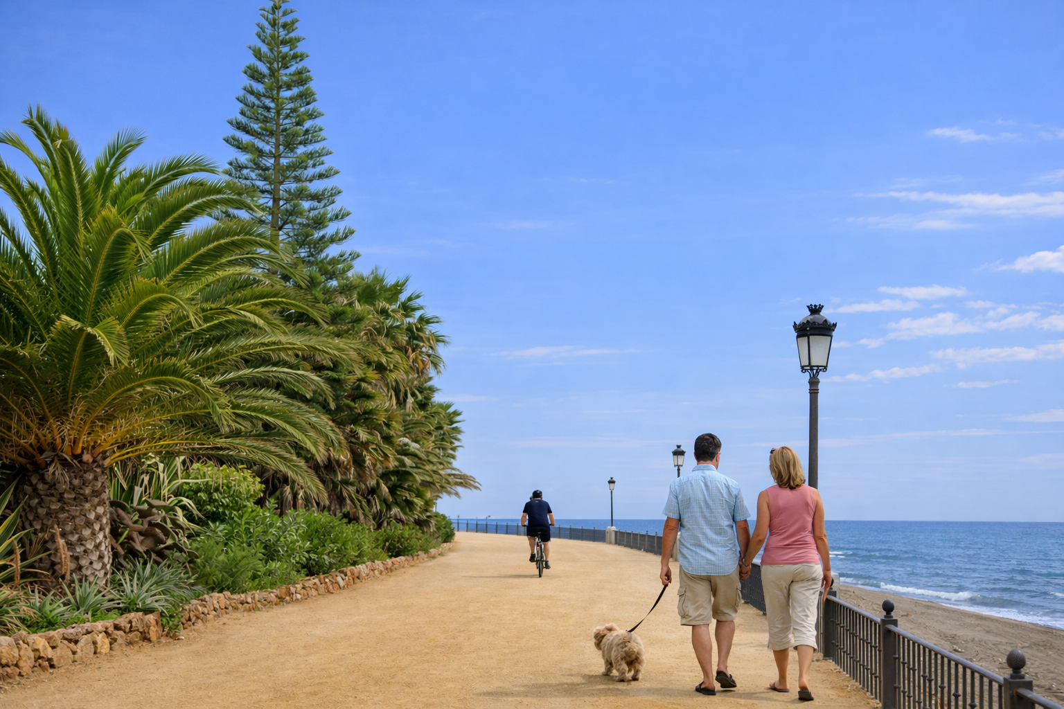 Marbella promenade with couple walking their dog
