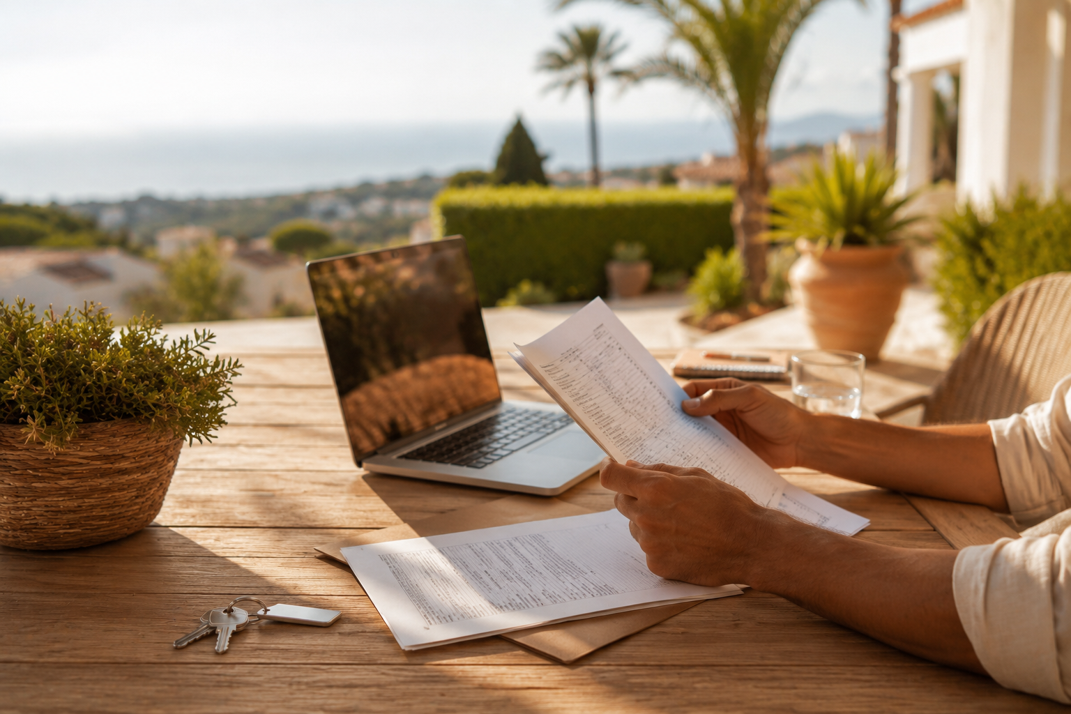 A person sitting at an outdoor terrace table in southern Spain, reviewing paperwork and using a laptop