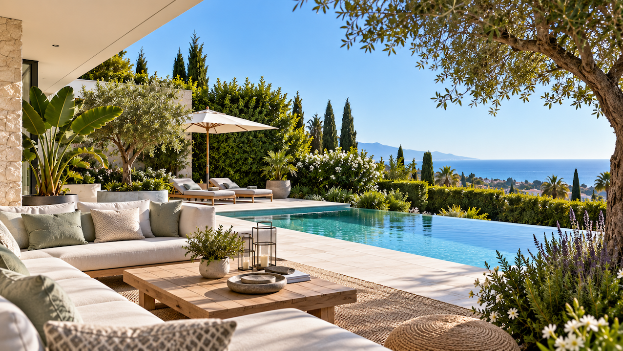 Modern villa terrace with landscaping and privacy planting