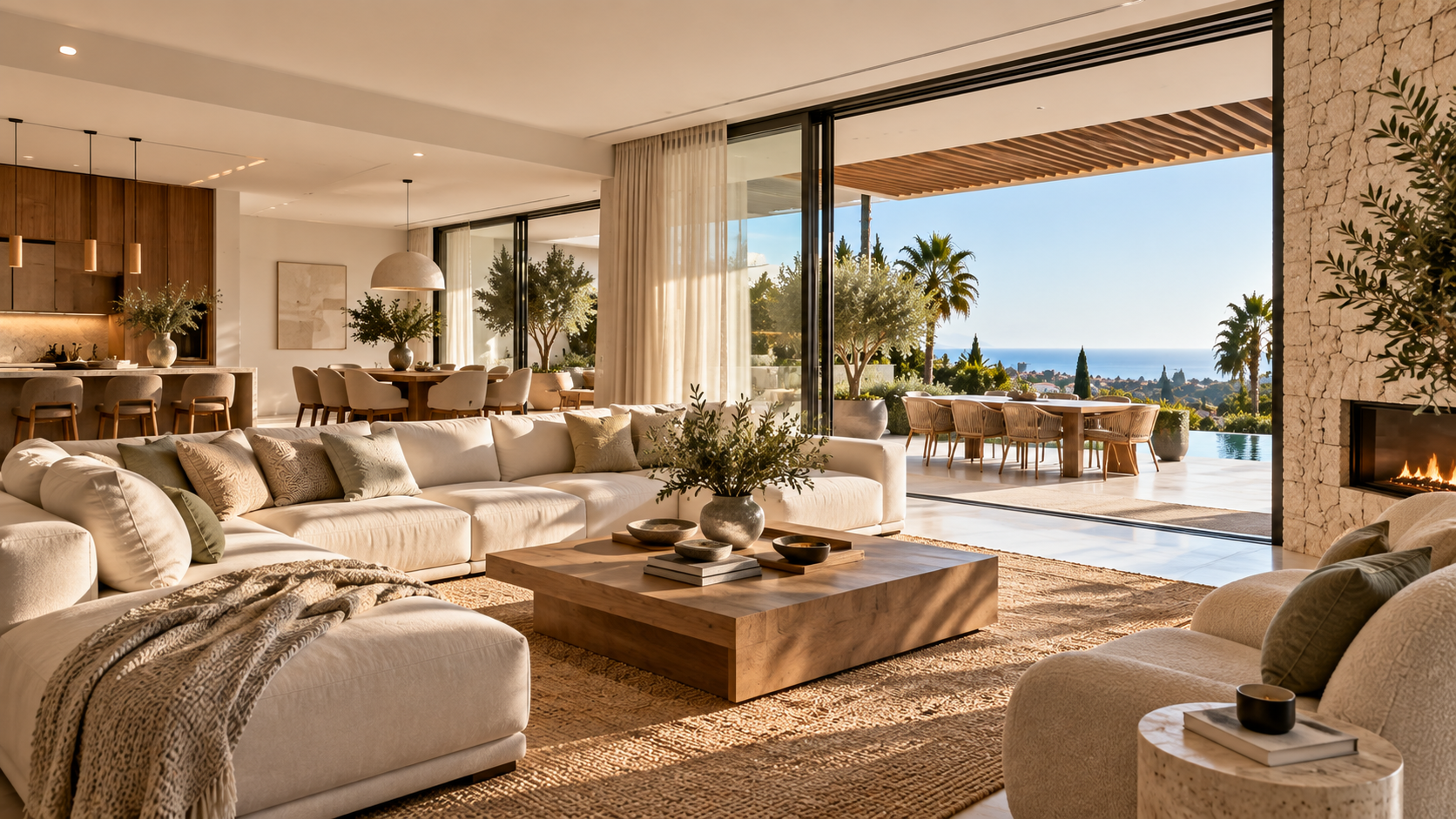 Warm contemporary interior with wood, stone and soft furnishings