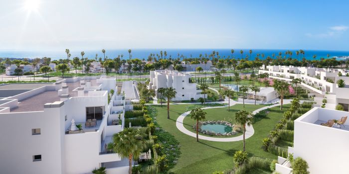 Elegante y orientado al suroeste apartamento de dos dormitorios situado en la codiciada comunidad cerrada Acqua Gardens en la Nueva Milla de Oro, Estepona