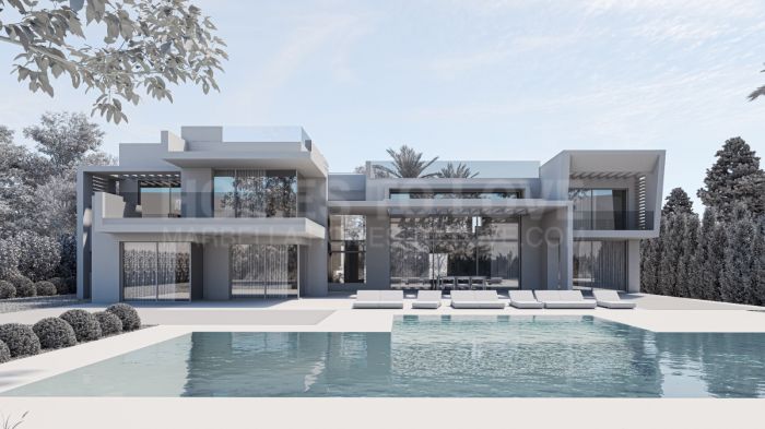 Villa de lujo contemporánea con vistas panorámicas a la montaña y vistas parciales al mar en Marbella.